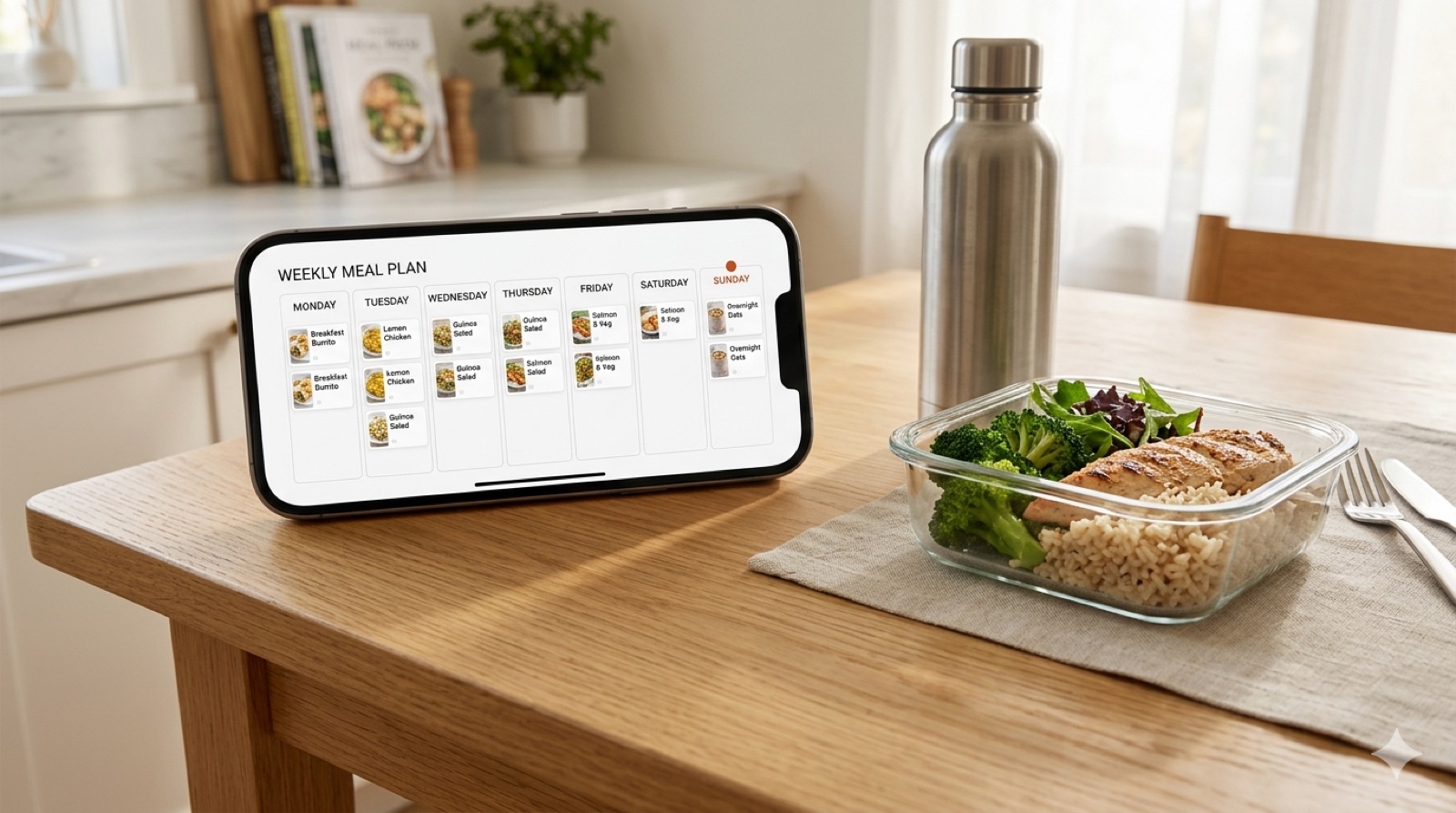 SpotWell weekly meal plan on iPhone next to a prepped meal