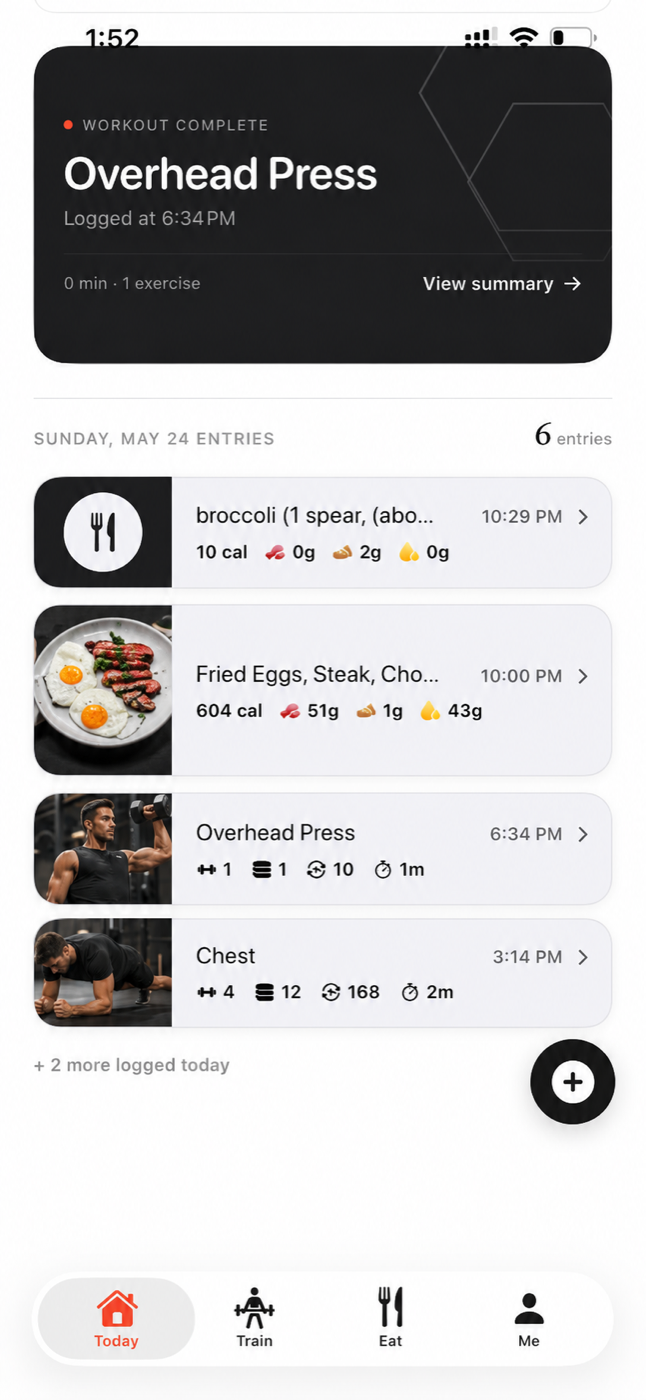 Spotwell entries log showing a Workout Complete card for an Overhead Press session next to the day's meal entries