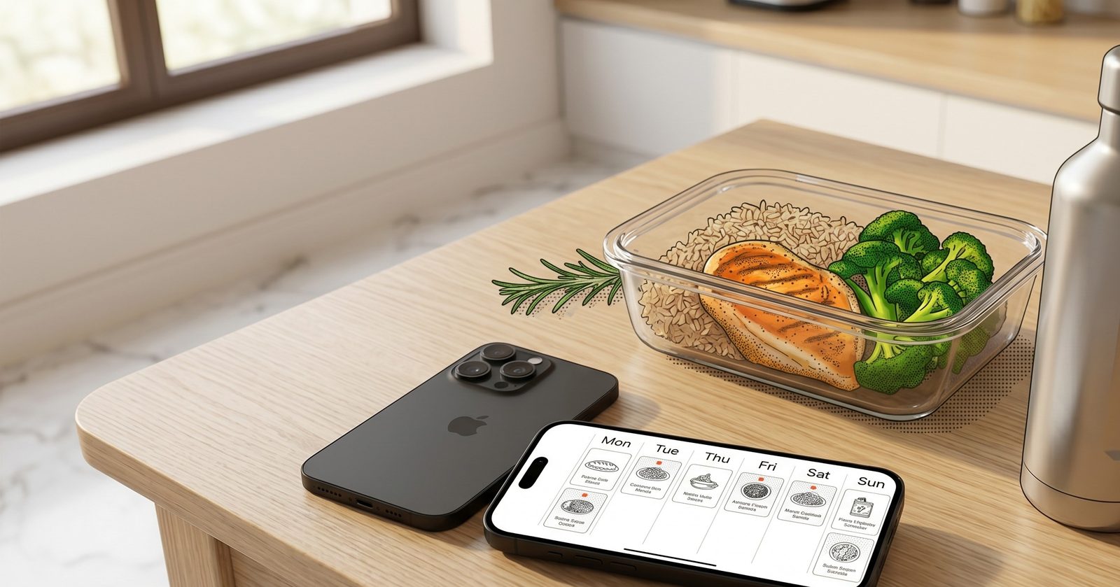 iPhone showing a weekly meal plan beside a prepped meal