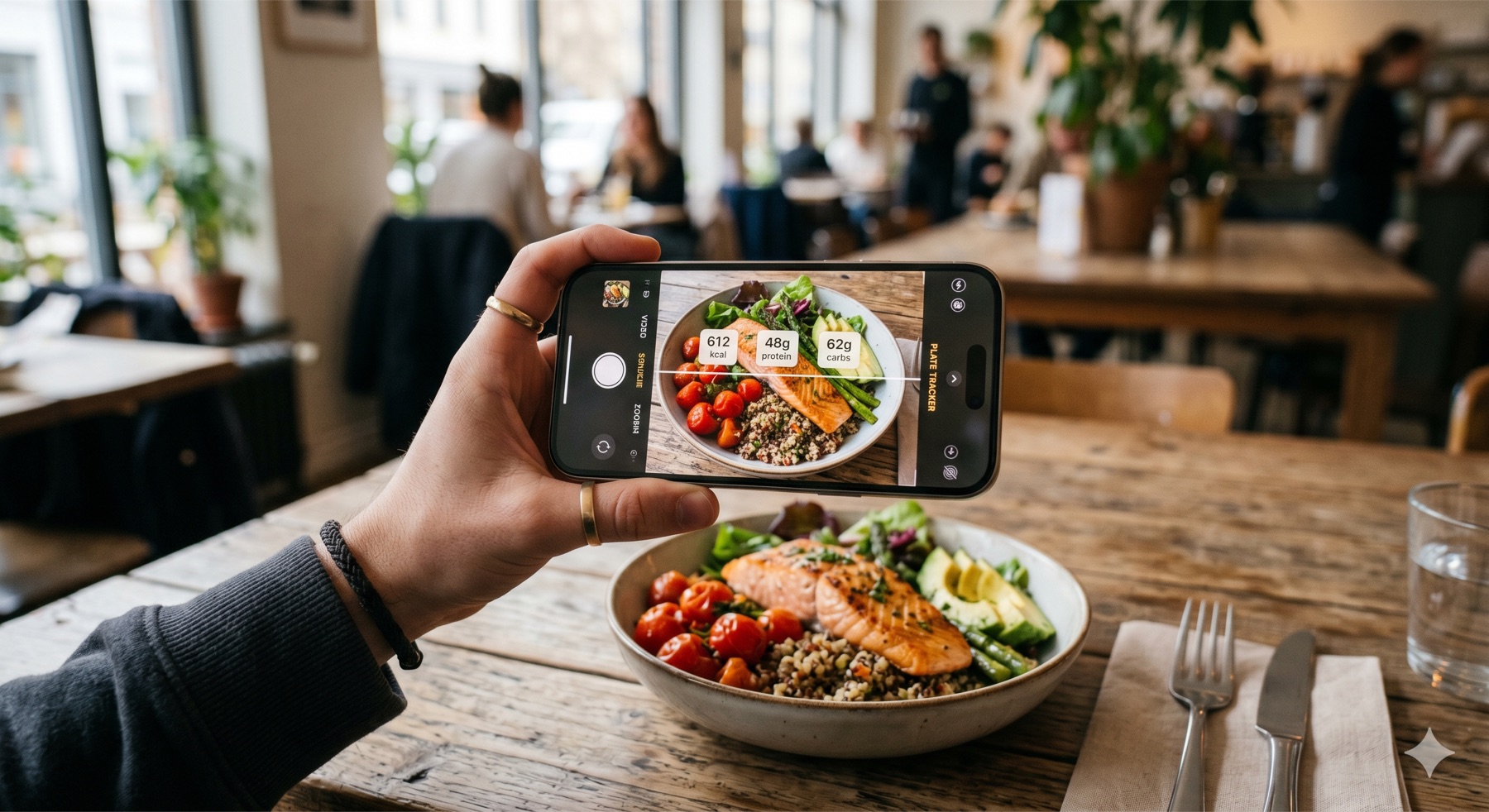 Spotwell scanning a meal in a café — calories, protein and carbs detected automatically