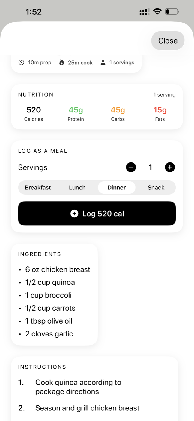 Spotwell recipe detail showing a 520-calorie meal with protein, carbs and fat broken out and a one-tap Log as Meal button