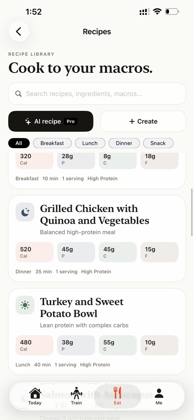 Spotwell recipe library — Cook to your macros — with AI recipe, Create, and category filters, and recipes tagged by calories, protein, carbs, and fat