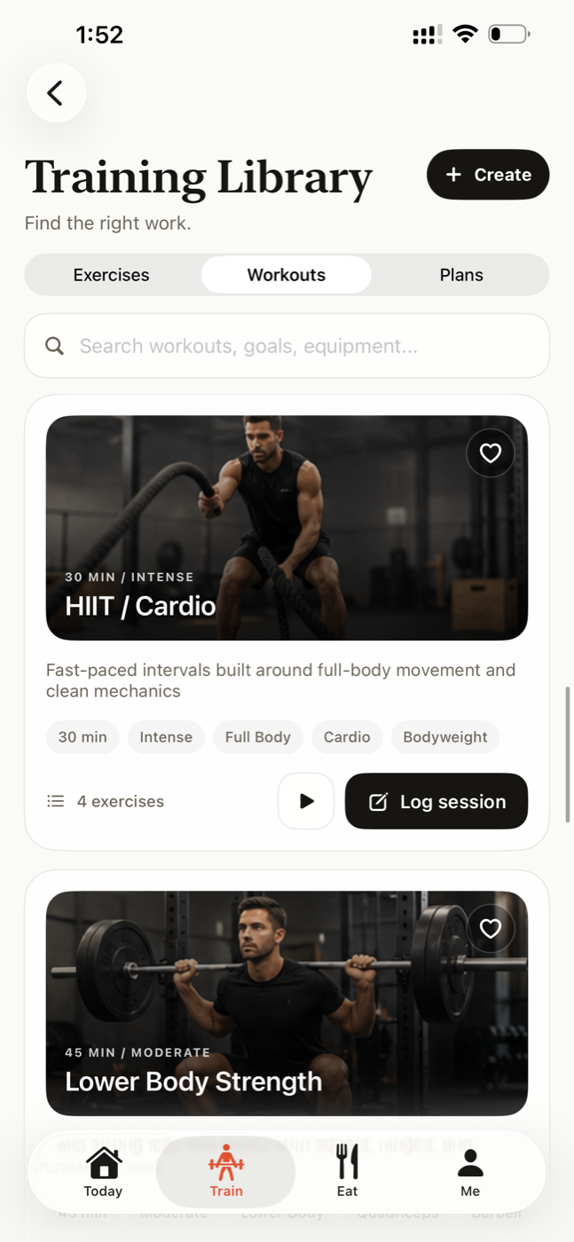 Spotwell training library — HIIT cardio and lower body strength workouts ready to log with a tap